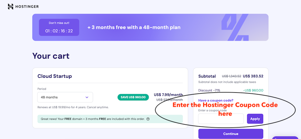 How to add a Hostinger coupon code