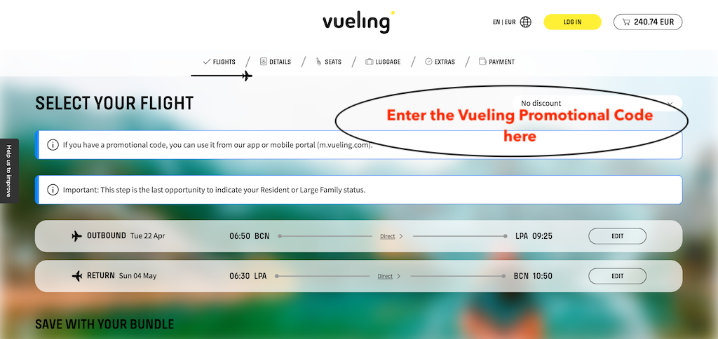 How to add a Vueling promotional code