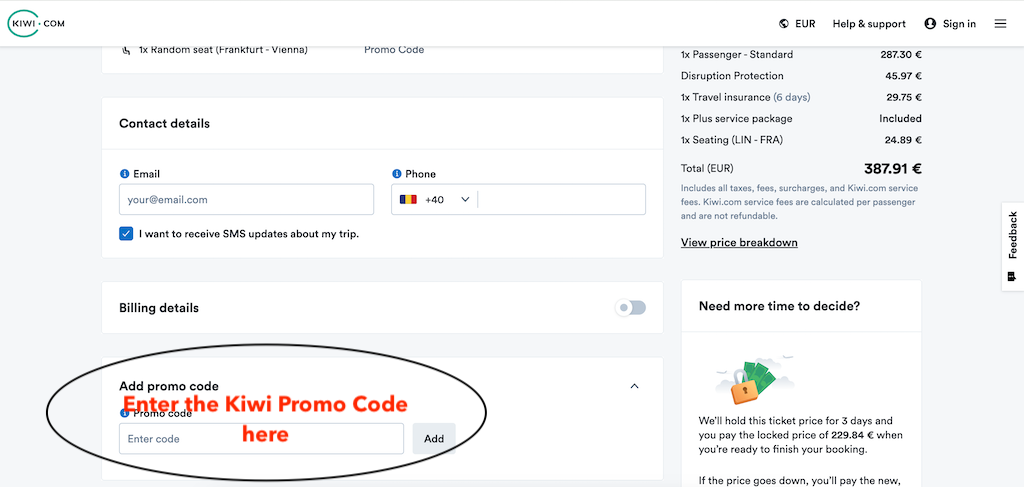 Kiwi how to use a promo code