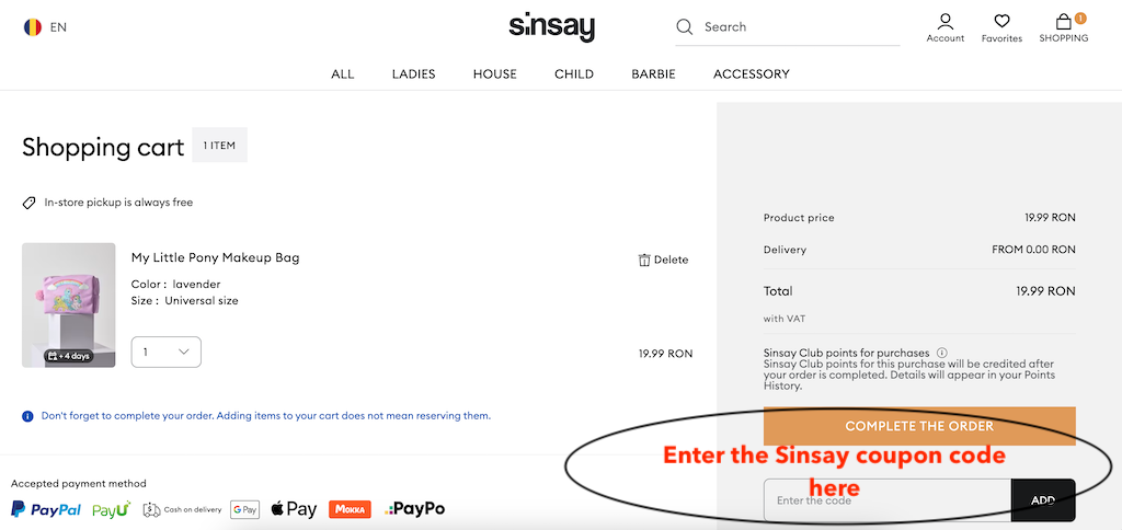 Sinsay how to add a coupon code