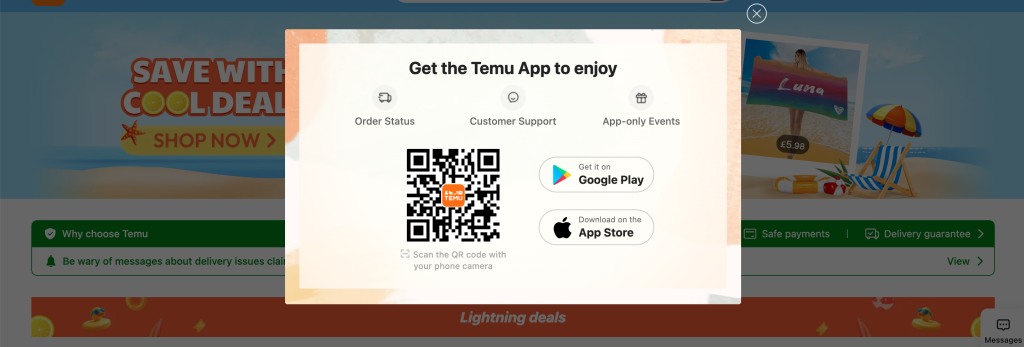 TEMU mobile app with app-only deals and rewards
